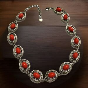 Talbots Retired Chunky Red Statement Necklace Wire Wrapped Resin Ovals Gold Tone